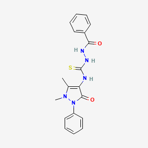 molecular formula C19H19N5O2S B2833590 N-{[(1,5-dimethyl-3-oxo-2-phenyl-2,3-dihydro-1H-pyrazol-4-yl)carbamothioyl]amino}benzamide CAS No. 402945-07-7