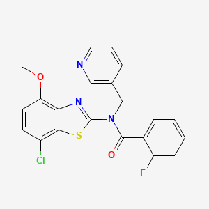 molecular formula C21H15ClFN3O2S B2833649 N-(7-chloro-4-methoxy-1,3-benzothiazol-2-yl)-2-fluoro-N-[(pyridin-3-yl)methyl]benzamide CAS No. 886965-41-9
