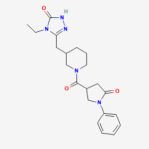 molecular formula C21H27N5O3 B2833729 4-ethyl-3-((1-(5-oxo-1-phenylpyrrolidine-3-carbonyl)piperidin-3-yl)methyl)-1H-1,2,4-triazol-5(4H)-one CAS No. 2034476-10-1