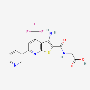 molecular formula C16H11F3N4O3S B2833851 N-{[3-amino-6-(pyridin-3-yl)-4-(trifluoromethyl)thieno[2,3-b]pyridin-2-yl]carbonyl}glycine CAS No. 899370-08-2