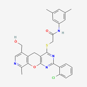 molecular formula C28H25ClN4O3S B2833913 2-[[5-(2-chlorophenyl)-11-(hydroxymethyl)-14-methyl-2-oxa-4,6,13-triazatricyclo[8.4.0.03,8]tetradeca-1(10),3(8),4,6,11,13-hexaen-7-yl]sulfanyl]-N-(3,5-dimethylphenyl)acetamide CAS No. 892382-72-8