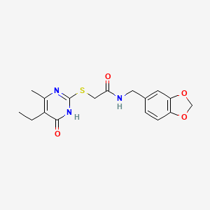molecular formula C17H19N3O4S B2833930 N-(benzo[d][1,3]dioxol-5-ylmethyl)-2-((5-ethyl-4-methyl-6-oxo-1,6-dihydropyrimidin-2-yl)thio)acetamide CAS No. 552309-72-5