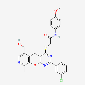 molecular formula C27H23ClN4O4S B2833965 2-[[5-(3-chlorophenyl)-11-(hydroxymethyl)-14-methyl-2-oxa-4,6,13-triazatricyclo[8.4.0.03,8]tetradeca-1(10),3(8),4,6,11,13-hexaen-7-yl]sulfanyl]-N-(4-methoxyphenyl)acetamide CAS No. 892383-32-3