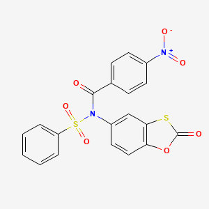 molecular formula C20H12N2O7S2 B2834079 N-(benzenesulfonyl)-4-nitro-N-(2-oxo-2H-1,3-benzoxathiol-5-yl)benzamide CAS No. 670267-64-8