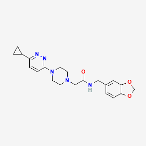 molecular formula C21H25N5O3 B2834093 N-(benzo[d][1,3]dioxol-5-ylmethyl)-2-(4-(6-cyclopropylpyridazin-3-yl)piperazin-1-yl)acetamide CAS No. 2034494-18-1