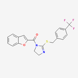 molecular formula C20H15F3N2O2S B2834112 benzofuran-2-yl(2-((4-(trifluoromethyl)benzyl)thio)-4,5-dihydro-1H-imidazol-1-yl)methanone CAS No. 851806-62-7