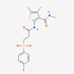 molecular formula C17H19FN2O4S2 B2834113 2-[3-(4-氟苯基)磺酰基丙酰氨基]-N,4,5-三甲基噻吩-3-甲酸酰胺 CAS No. 896301-34-1