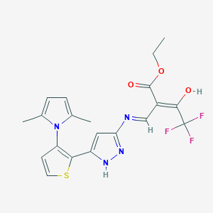 molecular formula C20H19F3N4O3S B2834242 ethyl (2Z)-2-[({3-[3-(2,5-dimethyl-1H-pyrrol-1-yl)thiophen-2-yl]-1H-pyrazol-5-yl}amino)methylidene]-4,4,4-trifluoro-3-oxobutanoate CAS No. 477762-89-3