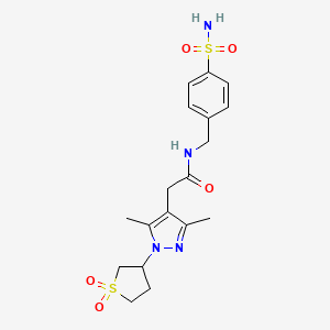 molecular formula C18H24N4O5S2 B2834323 2-(1-(1,1-dioxidotetrahydrothiophen-3-yl)-3,5-dimethyl-1H-pyrazol-4-yl)-N-(4-sulfamoylbenzyl)acetamide CAS No. 1206985-50-3