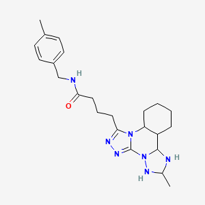 molecular formula C23H23N7O B2834385 4-{9-methyl-2,4,5,7,8,10-hexaazatetracyclo[10.4.0.0^{2,6}.0^{7,11}]hexadeca-1(16),3,5,8,10,12,14-heptaen-3-yl}-N-[(4-methylphenyl)methyl]butanamide CAS No. 902290-24-8