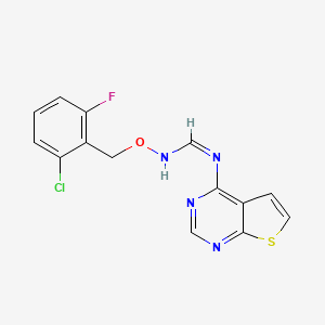 molecular formula C14H10ClFN4OS B2834485 N-[(2-chloro-6-fluorophenyl)methoxy]-N'-thieno[2,3-d]pyrimidin-4-ylmethanimidamide CAS No. 477846-30-3