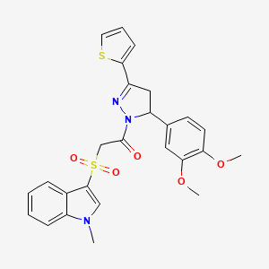 molecular formula C26H25N3O5S2 B2834665 1-[3-(3,4-二甲氧基苯基)-5-噻吩-2-基-3,4-二氢吡唑-2-基]-2-(1-甲基吲哚-3-基)磺酰乙酮 CAS No. 850932-45-5
