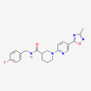molecular formula C21H22FN5O2 B2834688 N-(4-fluorobenzyl)-1-[5-(3-methyl-1,2,4-oxadiazol-5-yl)pyridin-2-yl]piperidine-3-carboxamide CAS No. 1396760-92-1