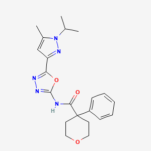 molecular formula C21H25N5O3 B2834702 N-(5-(1-isopropyl-5-methyl-1H-pyrazol-3-yl)-1,3,4-oxadiazol-2-yl)-4-phenyltetrahydro-2H-pyran-4-carboxamide CAS No. 1334372-29-0