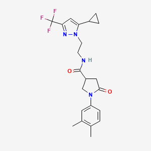 molecular formula C22H25F3N4O2 B2834710 N-(2-(5-cyclopropyl-3-(trifluoromethyl)-1H-pyrazol-1-yl)ethyl)-1-(3,4-dimethylphenyl)-5-oxopyrrolidine-3-carboxamide CAS No. 1796991-04-2