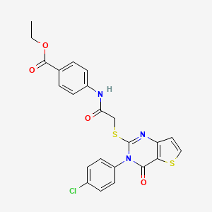 molecular formula C23H18ClN3O4S2 B2834725 ethyl 4-(2-{[3-(4-chlorophenyl)-4-oxo-3H,4H-thieno[3,2-d]pyrimidin-2-yl]sulfanyl}acetamido)benzoate CAS No. 1260914-27-9