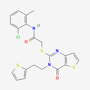 molecular formula C21H18ClN3O2S3 B2834737 N-(2-氯-6-甲基苯基)-2-({4-氧代-3-[2-(噻吩-2-基)乙基]-3,4-二氢噻吩并[3,2-d]嘧啶-2-基}硫醚)乙酰胺 CAS No. 1260914-06-4