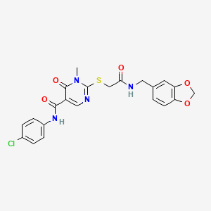 molecular formula C22H19ClN4O5S B2834868 2-((2-((benzo[d][1,3]dioxol-5-ylmethyl)amino)-2-oxoethyl)thio)-N-(4-chlorophenyl)-1-methyl-6-oxo-1,6-dihydropyrimidine-5-carboxamide CAS No. 894035-14-4