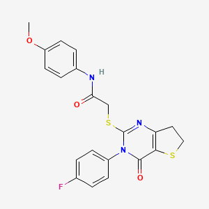 molecular formula C21H18FN3O3S2 B2834934 2-((3-(4-fluorophenyl)-4-oxo-3,4,6,7-tetrahydrothieno[3,2-d]pyrimidin-2-yl)thio)-N-(4-methoxyphenyl)acetamide CAS No. 362501-57-3