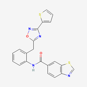molecular formula C21H14N4O2S2 B2834996 N-(2-((3-(thiophen-2-yl)-1,2,4-oxadiazol-5-yl)methyl)phenyl)benzo[d]thiazole-6-carboxamide CAS No. 1706027-55-5
