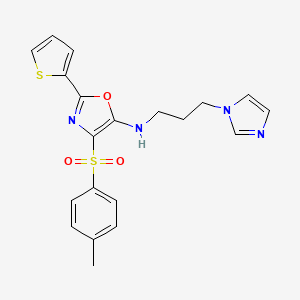 molecular formula C20H20N4O3S2 B2835157 N-[3-(1H-imidazol-1-yl)propyl]-4-(4-methylbenzenesulfonyl)-2-(thiophen-2-yl)-1,3-oxazol-5-amine CAS No. 627833-91-4