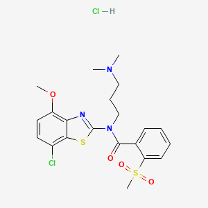 molecular formula C21H25Cl2N3O4S2 B2835203 N-(7-CHLORO-4-METHOXY-1,3-BENZOTHIAZOL-2-YL)-N-[3-(DIMETHYLAMINO)PROPYL]-2-METHANESULFONYLBENZAMIDE HYDROCHLORIDE CAS No. 1215375-83-9