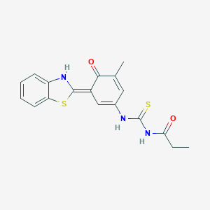 molecular formula C18H17N3O2S2 B283523 N-[[(3E)-3-(3H-1,3-benzothiazol-2-ylidene)-5-methyl-4-oxocyclohexa-1,5-dien-1-yl]carbamothioyl]propanamide 