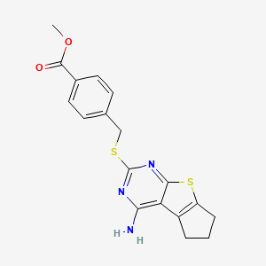 molecular formula C18H17N3O2S2 B2835323 Methyl 4-[({12-amino-7-thia-9,11-diazatricyclo[6.4.0.0^{2,6}]dodeca-1(8),2(6),9,11-tetraen-10-yl}sulfanyl)methyl]benzoate CAS No. 384351-06-8