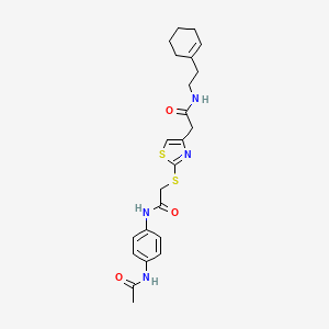molecular formula C23H28N4O3S2 B2835362 N-(4-acetamidophenyl)-2-((4-(2-((2-(cyclohex-1-en-1-yl)ethyl)amino)-2-oxoethyl)thiazol-2-yl)thio)acetamide CAS No. 941937-18-4