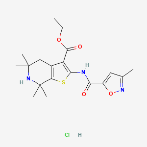 molecular formula C19H26ClN3O4S B2835932 ethyl 5,5,7,7-tetramethyl-2-(3-methyl-1,2-oxazole-5-amido)-4H,5H,6H,7H-thieno[2,3-c]pyridine-3-carboxylate hydrochloride CAS No. 1184984-42-6