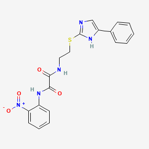 molecular formula C19H17N5O4S B2835956 N1-(2-nitrophenyl)-N2-(2-((4-phenyl-1H-imidazol-2-yl)thio)ethyl)oxalamide CAS No. 897457-44-2