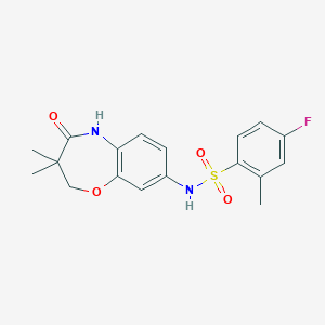 molecular formula C18H19FN2O4S B2835973 N-(3,3-dimethyl-4-oxo-2,3,4,5-tetrahydrobenzo[b][1,4]oxazepin-8-yl)-4-fluoro-2-methylbenzenesulfonamide CAS No. 922021-84-9