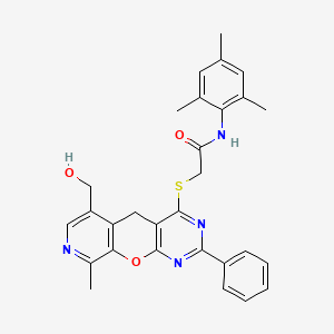 molecular formula C29H28N4O3S B2835995 2-{[11-(hydroxymethyl)-14-methyl-5-phenyl-2-oxa-4,6,13-triazatricyclo[8.4.0.0^{3,8}]tetradeca-1(10),3(8),4,6,11,13-hexaen-7-yl]sulfanyl}-N-(2,4,6-trimethylphenyl)acetamide CAS No. 892378-64-2