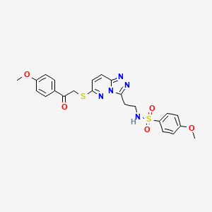 molecular formula C23H23N5O5S2 B2836110 4-methoxy-N-[2-(6-{[2-(4-methoxyphenyl)-2-oxoethyl]sulfanyl}-[1,2,4]triazolo[4,3-b]pyridazin-3-yl)ethyl]benzene-1-sulfonamide CAS No. 873002-33-6