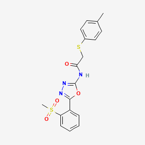 molecular formula C18H17N3O4S2 B2836197 N-[5-(2-methanesulfonylphenyl)-1,3,4-oxadiazol-2-yl]-2-[(4-methylphenyl)sulfanyl]acetamide CAS No. 886926-31-4