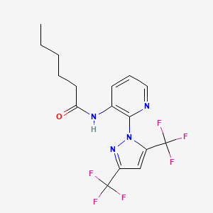 molecular formula C16H16F6N4O B2836237 N-[2-[3,5-bis(trifluoromethyl)pyrazol-1-yl]pyridin-3-yl]hexanamide CAS No. 956779-82-1