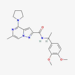 molecular formula C22H27N5O3 B2836557 N-[1-(3,4-Dimethoxyphenyl)ethyl]-6-methyl-4-(pyrrolidin-1-YL)pyrazolo[1,5-A]pyrazine-2-carboxamide CAS No. 1775543-46-8