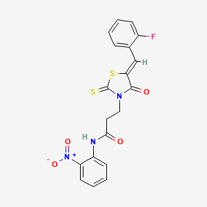 molecular formula C19H14FN3O4S2 B2836690 3-[(5Z)-5-[(2-fluorophenyl)methylidene]-4-oxo-2-sulfanylidene-1,3-thiazolidin-3-yl]-N-(2-nitrophenyl)propanamide CAS No. 477488-27-0