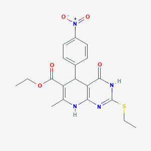 molecular formula C19H20N4O5S B2836732 Ethyl 2-(ethylthio)-7-methyl-5-(4-nitrophenyl)-4-oxo-3,4,5,8-tetrahydropyrido[2,3-d]pyrimidine-6-carboxylate CAS No. 537045-97-9