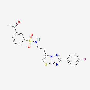 molecular formula C20H17FN4O3S2 B2836753 3-acetyl-N-{2-[2-(4-fluorophenyl)-[1,2,4]triazolo[3,2-b][1,3]thiazol-6-yl]ethyl}benzene-1-sulfonamide CAS No. 895448-42-7