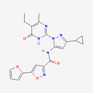 molecular formula C21H20N6O4 B2836852 N-(3-cyclopropyl-1-(5-ethyl-4-methyl-6-oxo-1,6-dihydropyrimidin-2-yl)-1H-pyrazol-5-yl)-5-(furan-2-yl)isoxazole-3-carboxamide CAS No. 1207017-49-9