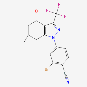 molecular formula C17H13BrF3N3O B2836933 2-bromo-4-[6,6-dimethyl-4-oxo-3-(trifluoromethyl)-4,5,6,7-tetrahydro-1H-indazol-1-yl]benzonitrile CAS No. 908111-35-3
