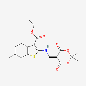 molecular formula C19H23NO6S B2837040 Ethyl 2-(((2,2-dimethyl-4,6-dioxo-1,3-dioxan-5-ylidene)methyl)amino)-6-methyl-4,5,6,7-tetrahydrobenzo[b]thiophene-3-carboxylate CAS No. 1105242-20-3