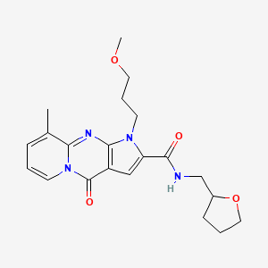 molecular formula C21H26N4O4 B2837090 1-(3-methoxypropyl)-9-methyl-4-oxo-N-((tetrahydrofuran-2-yl)methyl)-1,4-dihydropyrido[1,2-a]pyrrolo[2,3-d]pyrimidine-2-carboxamide CAS No. 902037-68-7