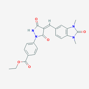 molecular formula C22H20N4O5 B283731 ETHYL 4-[(4Z)-4-[(1,3-DIMETHYL-2-OXO-2,3-DIHYDRO-1H-1,3-BENZODIAZOL-5-YL)METHYLIDENE]-3,5-DIOXOPYRAZOLIDIN-1-YL]BENZOATE 