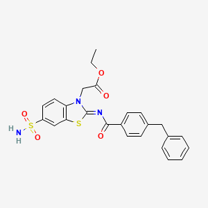 molecular formula C25H23N3O5S2 B2837334 ethyl 2-[(2Z)-2-[(4-benzylbenzoyl)imino]-6-sulfamoyl-2,3-dihydro-1,3-benzothiazol-3-yl]acetate CAS No. 865248-06-2