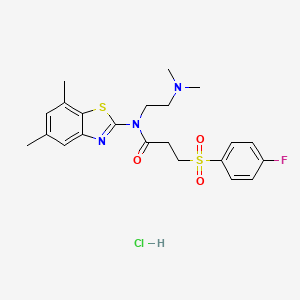 molecular formula C22H27ClFN3O3S2 B2837379 N-(2-(dimethylamino)ethyl)-N-(5,7-dimethylbenzo[d]thiazol-2-yl)-3-((4-fluorophenyl)sulfonyl)propanamide hydrochloride CAS No. 1219174-38-5
