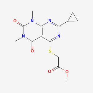 molecular formula C14H16N4O4S B2837401 Methyl 2-((2-cyclopropyl-6,8-dimethyl-5,7-dioxo-5,6,7,8-tetrahydropyrimido[4,5-d]pyrimidin-4-yl)thio)acetate CAS No. 906228-50-0
