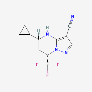 molecular formula C11H11F3N4 B2837440 (5R,7S)-5-Cyclopropyl-7-(trifluoromethyl)-4,5,6,7-tetrahydropyrazolo[1,5-a]pyrimidine-3-carbonitrile CAS No. 2408937-64-2