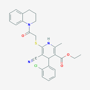 molecular formula C27H26ClN3O3S B2837597 ethyl 4-(2-chlorophenyl)-5-cyano-2-methyl-6-{[2-oxo-2-(1,2,3,4-tetrahydroquinolin-1-yl)ethyl]sulfanyl}-1,4-dihydropyridine-3-carboxylate CAS No. 380461-89-2